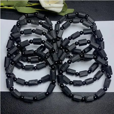Natural black tourmaline rough stone unisex bracelet on adjustable cord