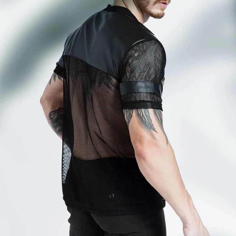 Men's black mesh sports t-shirt with V-neck design and stitching collage craft on short sleeves