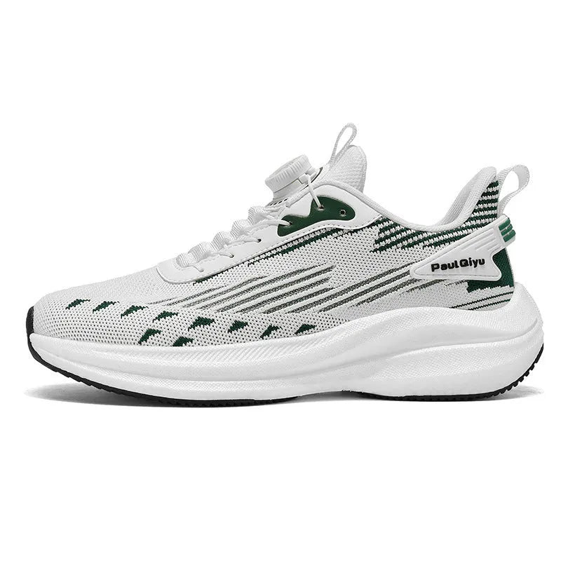 Men's white and green rotating buckle Fly-kit mesh sports shoes with round toe and flat heel design