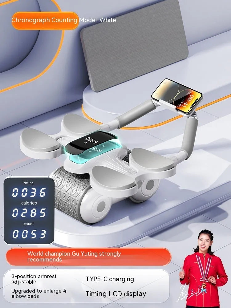 White abdominal exercise roller with LED display screen for timing and calorie counting