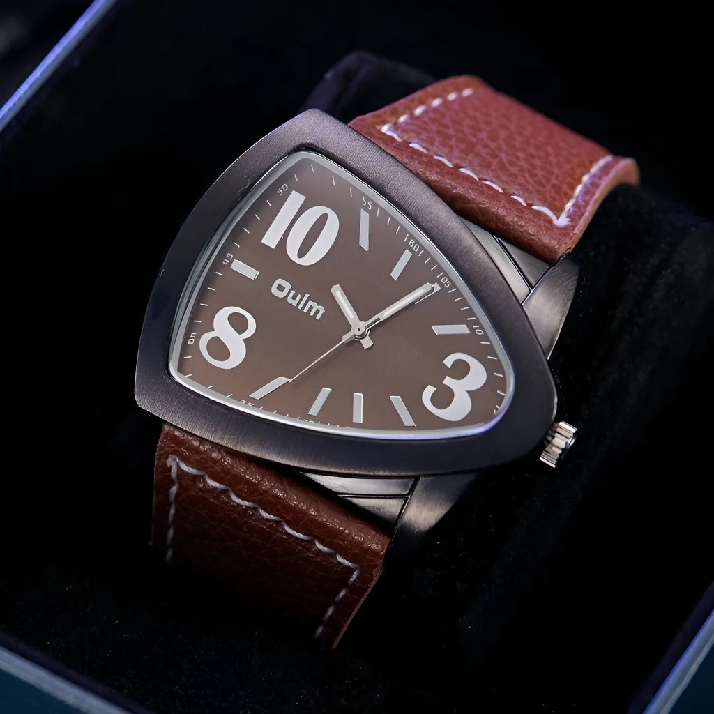 Men's slim casual watch with a triangle belt strap, shown in brown, black, and blue colour options.