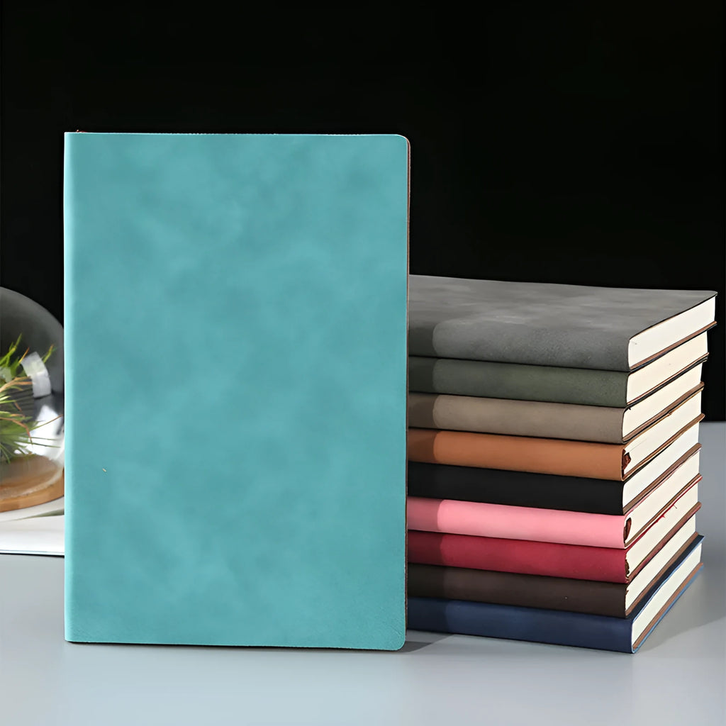 Imitation leather soft noodle sheep buckle notepad A5 with beige Dao Lin paper, black cover, and metal pen