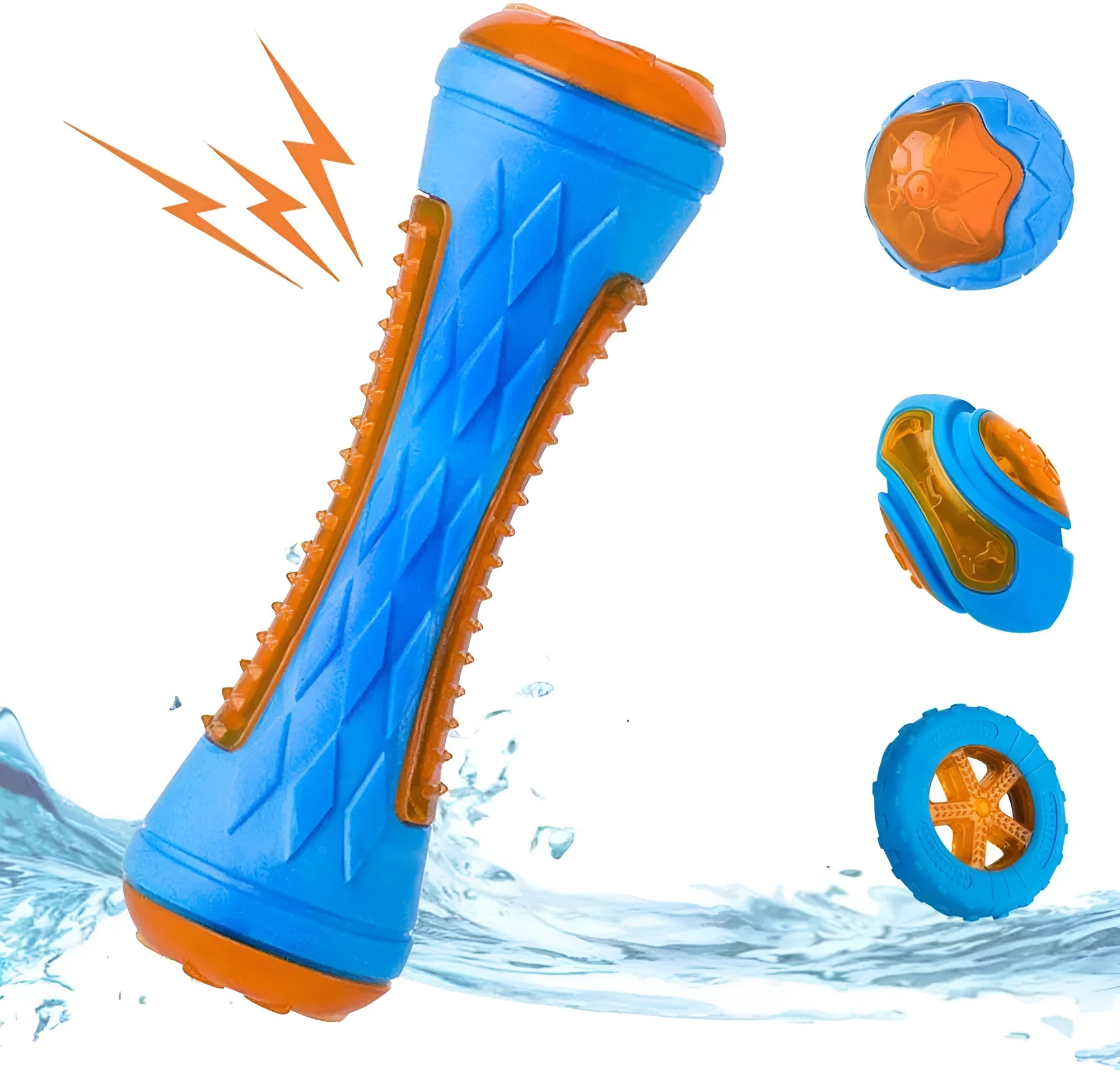 Set of three TPR dog toys: a squeaky tyre, barbell and ball for floating fetch play.