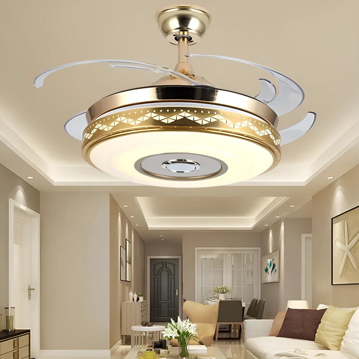 42 inch ceiling fan light with acrylic lampshade, acrylic blades, gold three-tone light, remote control and Bluetooth music model