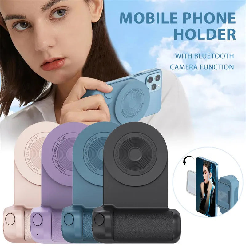 Black magnetic camera handle phone bracket with rotatable grip on wooden table