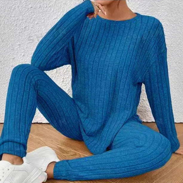 Women's black sunken stripe polyester two-piece homewear set with pants and regular sleeve top