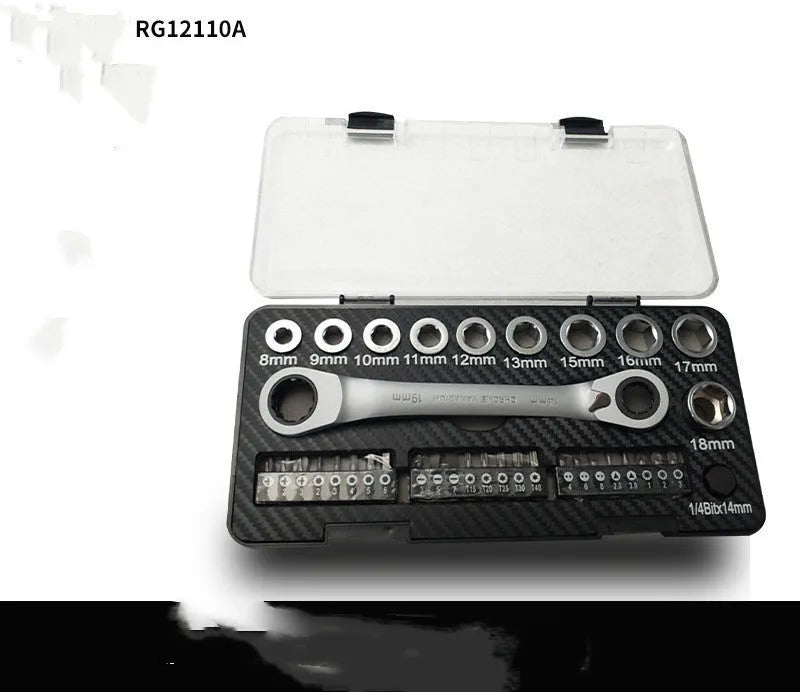 Ratchet wrench set with two-way mechanism, sockets, and batch heads arranged on work surface