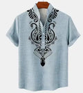Men's striped loose-fit casual shirt showing personalised button detail and available colour options
