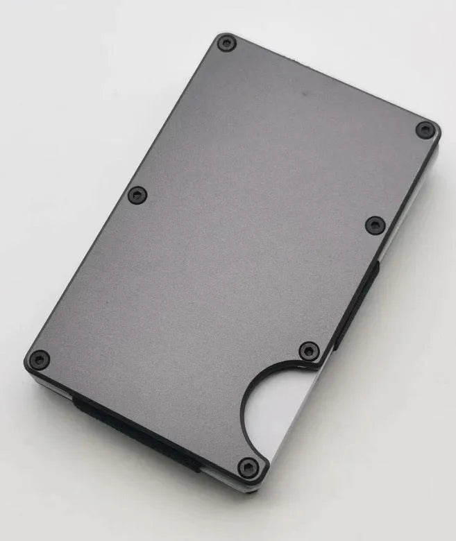 Grey carbon fibre wallet with aluminium alloy frame showing RFID blocking anti-theft technology