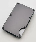 Grey carbon fibre wallet with aluminium alloy frame showing RFID blocking anti-theft technology