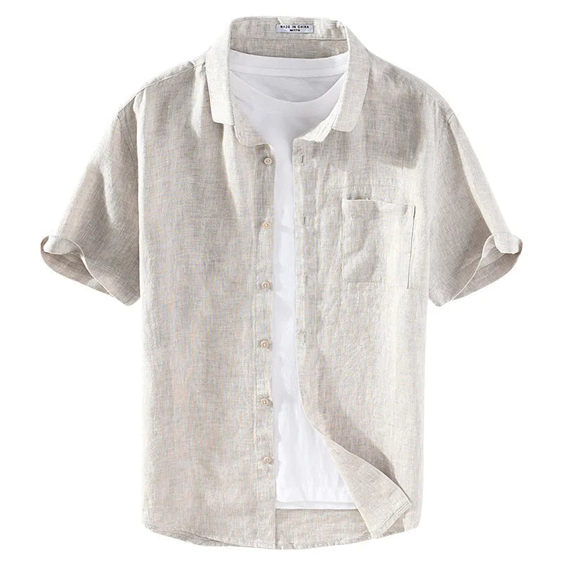 Men's casual short sleeve linen shirt with square collar in raw jute and grey colours