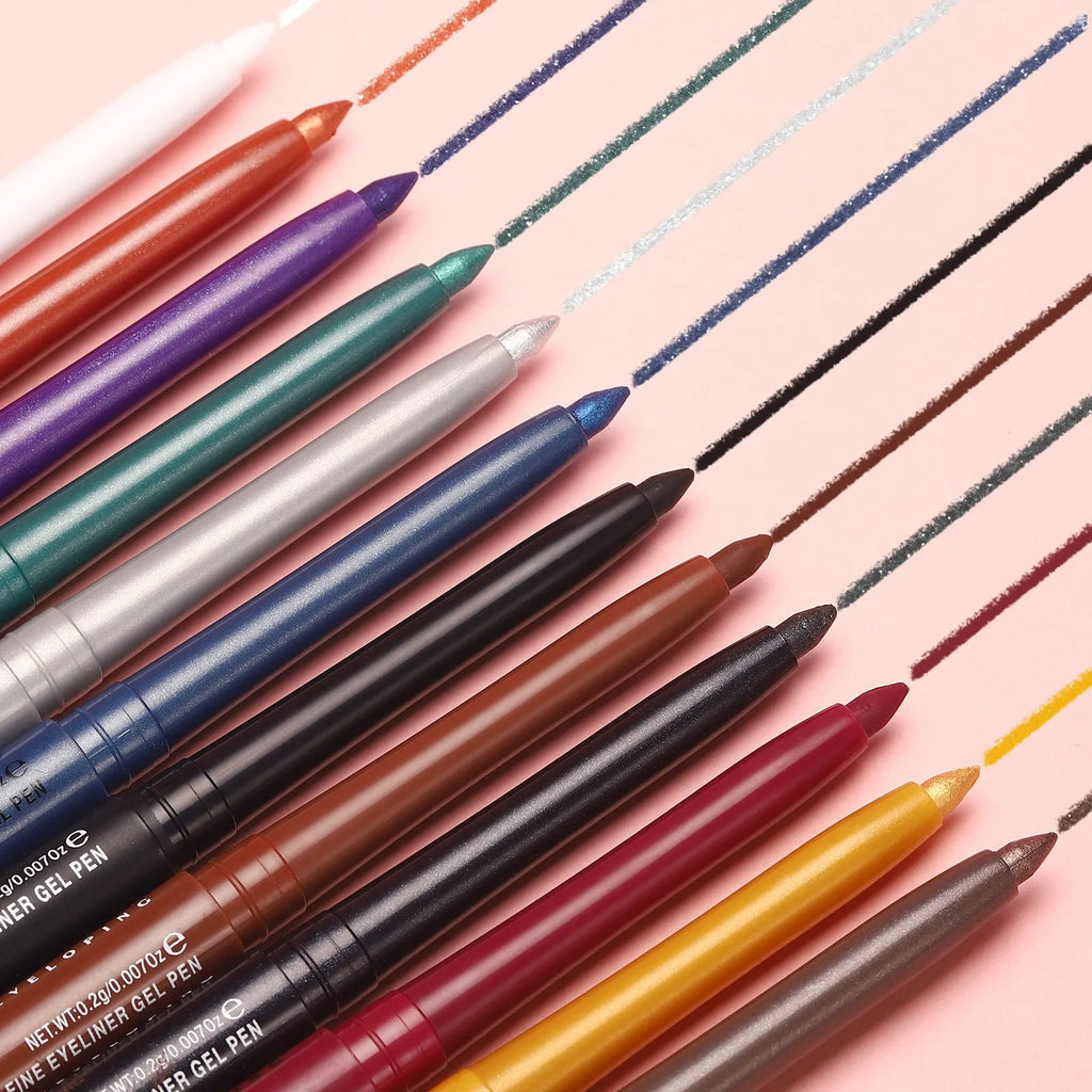 12 colourful gel glitter eyeliner pencils in waterproof formula with matte, glitter, metallic and pearl finishes