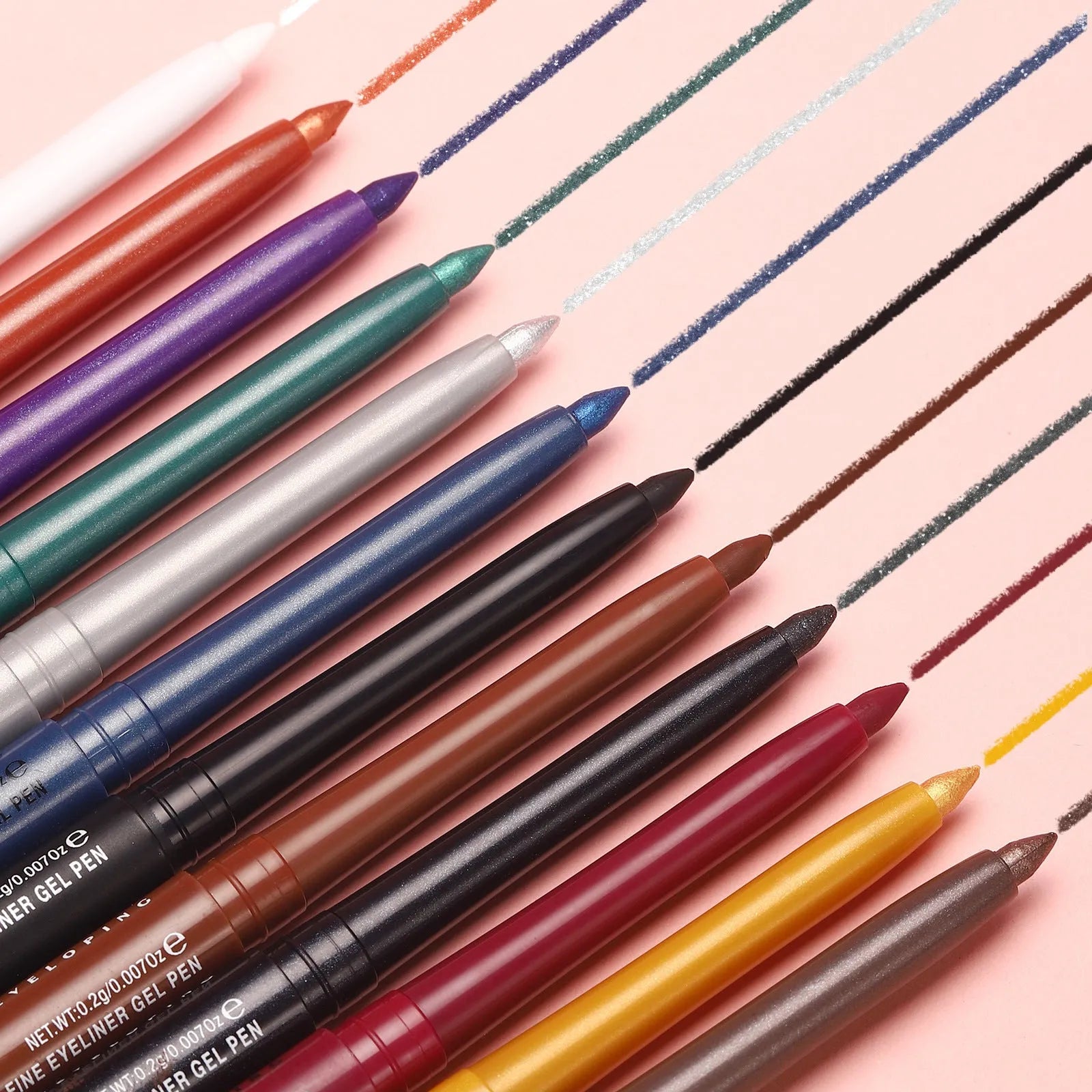 12 colourful gel glitter eyeliner pencils in waterproof formula with matte, glitter, metallic and pearl finishes