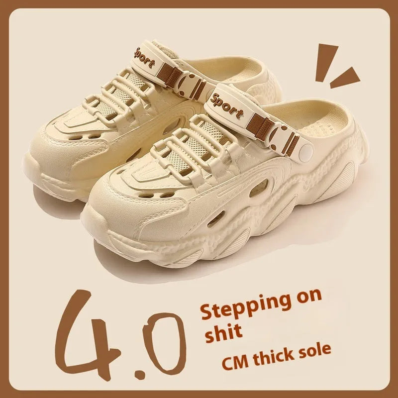 Men's khaki outdoor slippers with hollow out design and textured EVA sole, shown from a side angle.