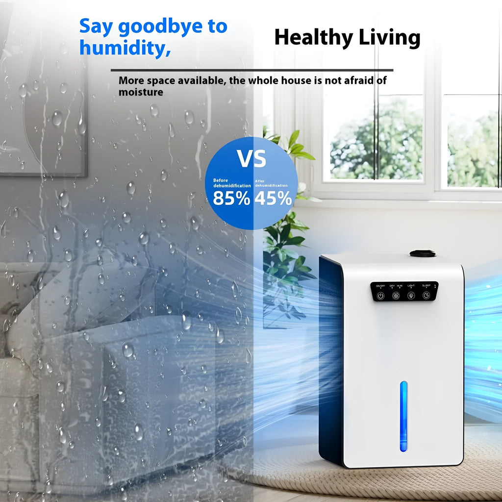 Milky white compact household dehumidifier with water tank for bedrooms up to 20 square metres.