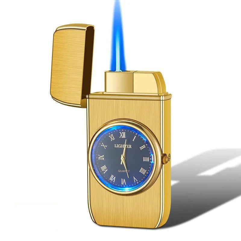 Windproof torch lighter with watch design, zinc alloy body, black brushed finish, 76x38x155mm