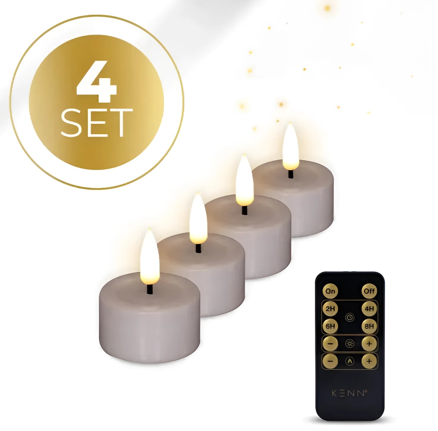 Four taupe coloured S4 LED flameless tealight candles showing realistic flame effect.