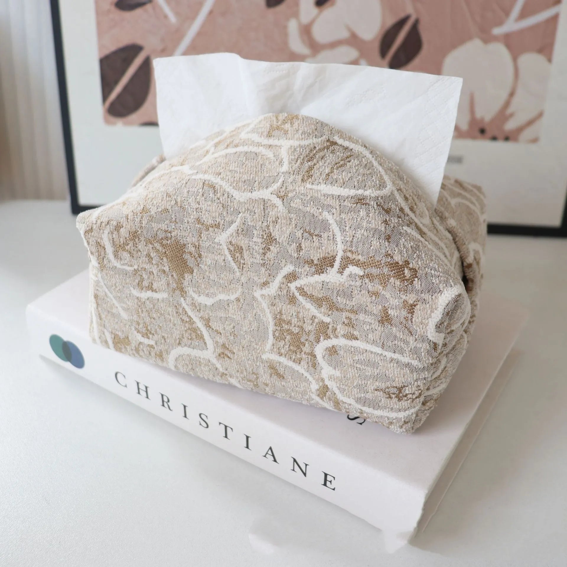 Chinese style fabric tissue box with cotton rose pattern in beige, blue or brown for living room tea tables