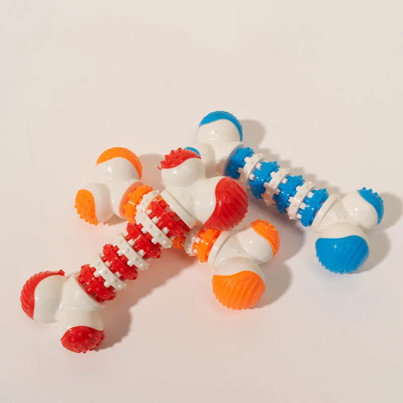 Blue bone-shaped interactive dog toy with a treat holder in the centre for small breed dogs.