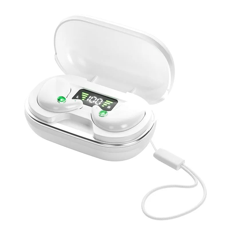 Wireless Bluetooth sleep headset earplugs in black or white with charging bin and digital display