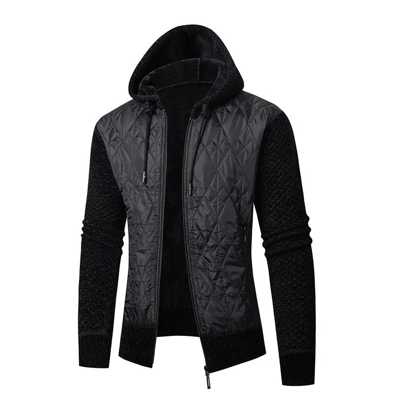 Men's grey corduroy hooded sweater coat with cinched style and wool composition