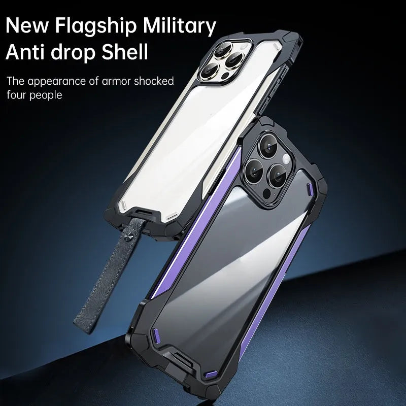 Two-in-one metal and silicone phone case with airbag drop protection for iPhone, available in black, blue, purple, red, and silver grey