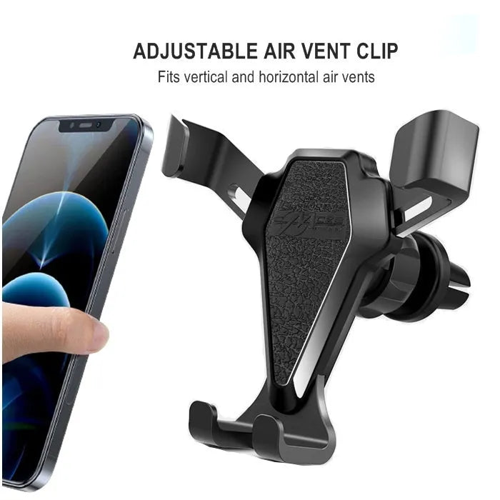Universal car air vent phone mount in elegant black, holding a smartphone, with adjustable cradle for 66-84mm devices.