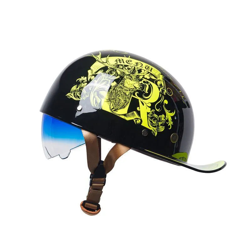 Men's retro half-shell bicycle helmet in black with a gradient blue lens, shown from the side.