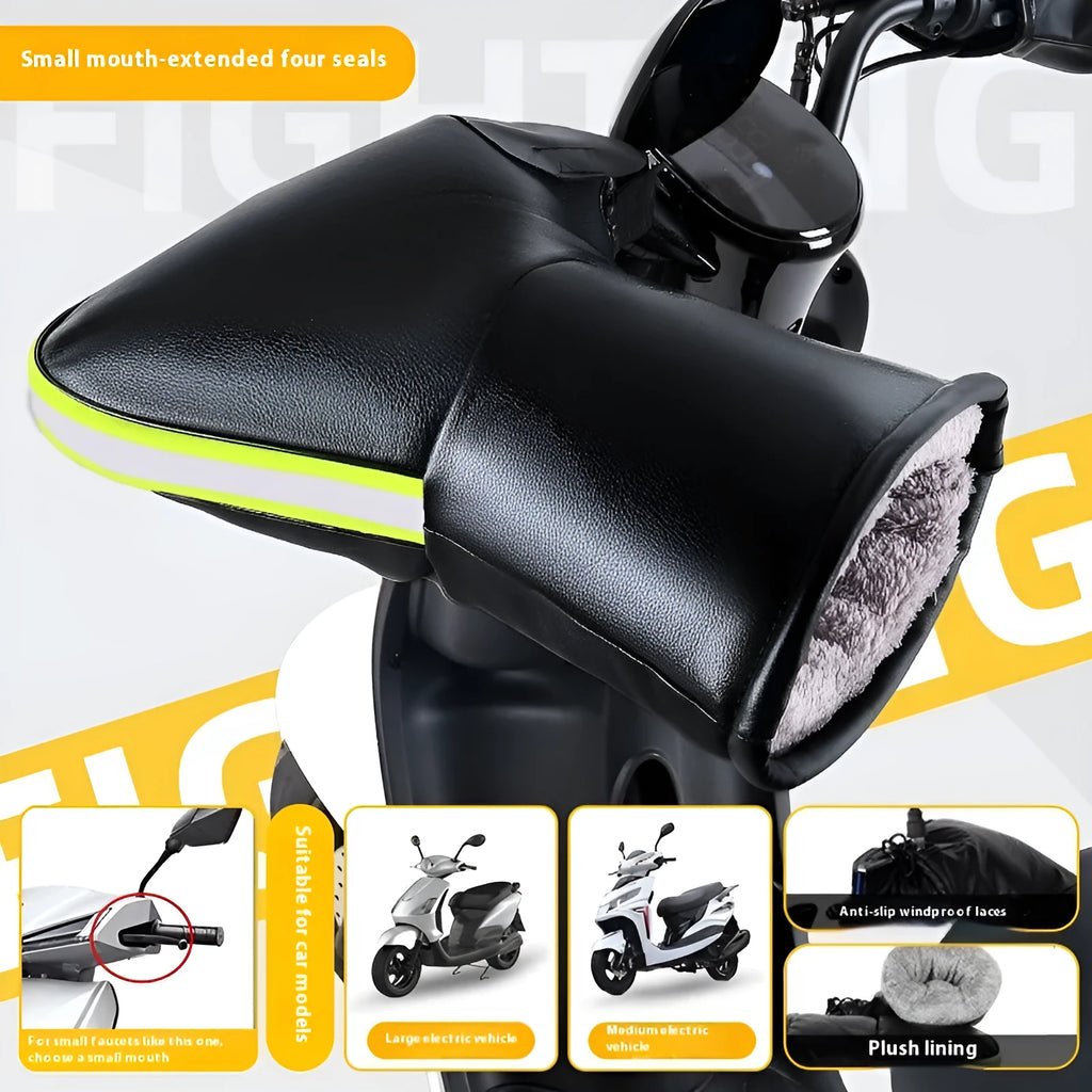 Electric motorcycle winter thermal waterproof handle grip gloves with fleece lining in gray reflective stripe style