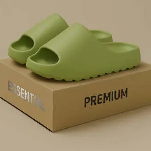 Women's thick-soled beach slippers in beige, black, brown, and green on a summer background.