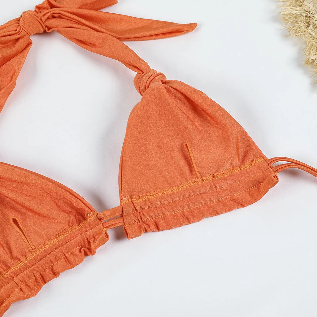 Women's knotted banded bikini set in solid colour, green or orange, sizes S M L, high elasticity polyester lining.