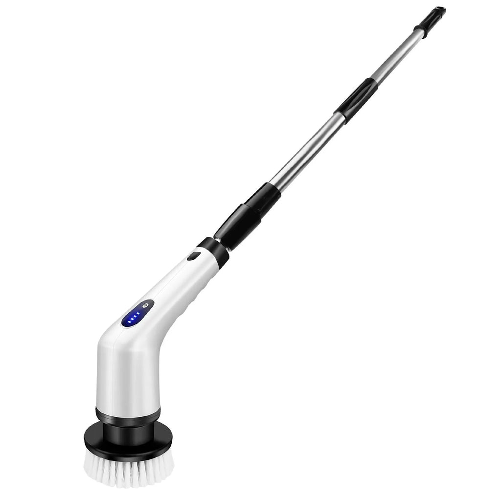 White handheld cleaning ball with rechargeable battery and multiple international plug adapters