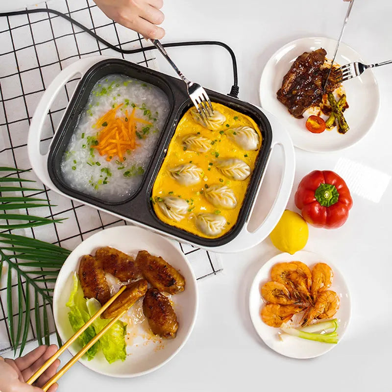 White or green electric hot pot with frying oven function, 1300W power, 390mm length