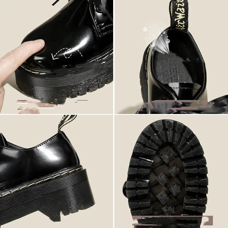 Women's black thick-soled shoes with ribbon laces and cross-strap design on superfine fibre upper