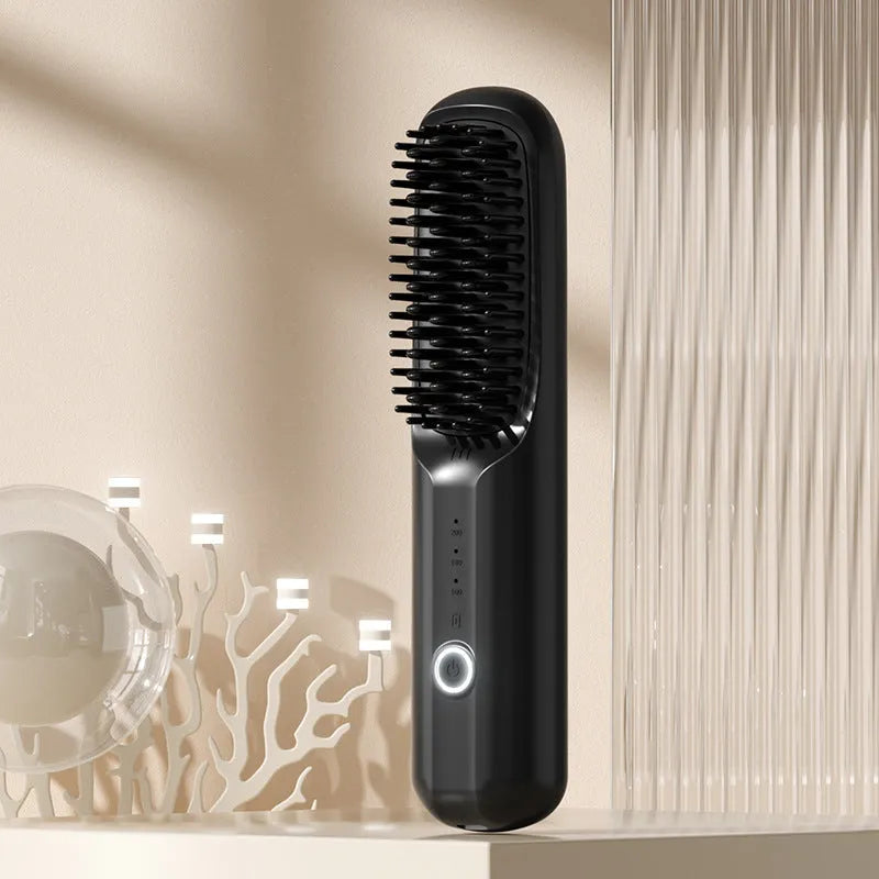 Beige wireless anion hair straightening comb with ceramic plates and Type-C charging port