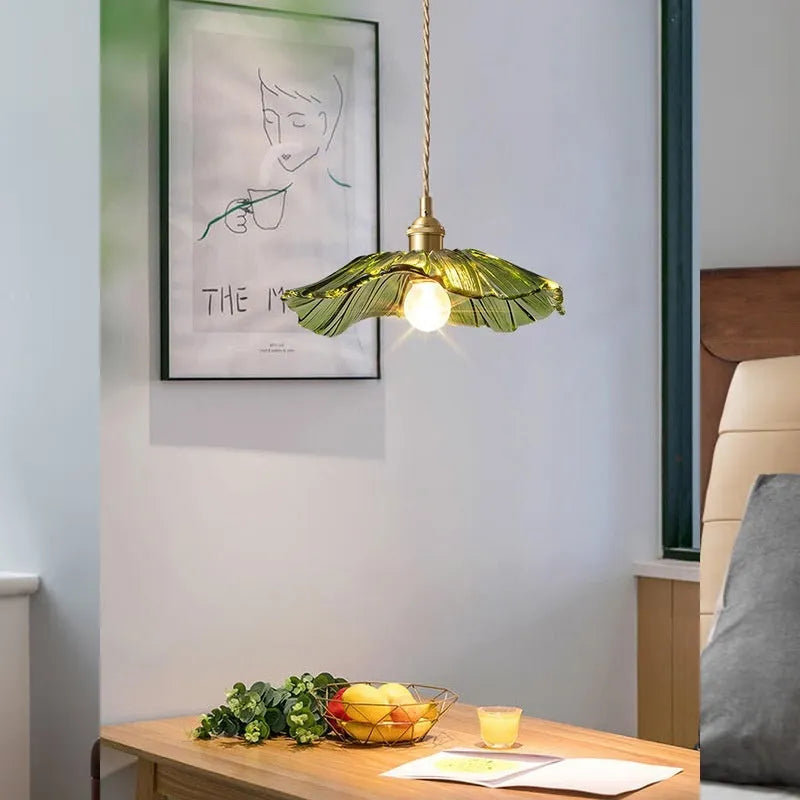 Nordic-style lotus leaf shaped glass lampshade LED light with iron body, shown as ceiling and pendant light.