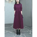 Purplish red plus size winter dress with extra long sleeves for women
