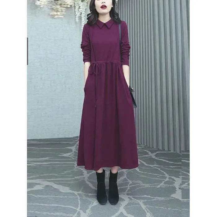 Purplish red plus size winter dress with extra long sleeves for women