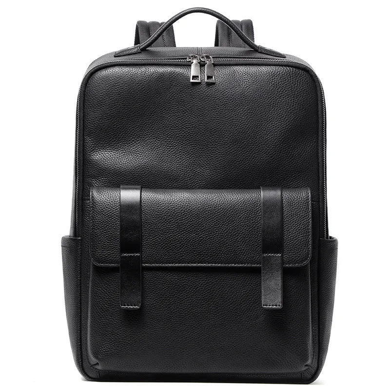 Men's black genuine leather computer backpack with 36-55 litre capacity and business styling