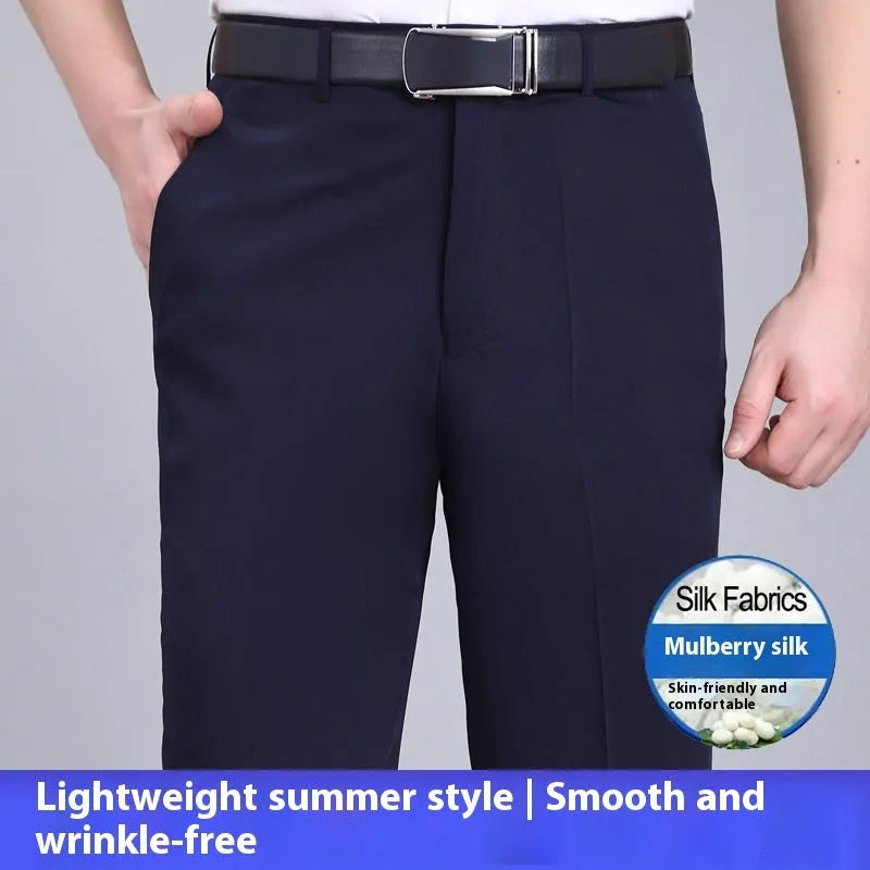 Man's straight-leg high-waisted business trousers in a mulberry silk blend fabric.