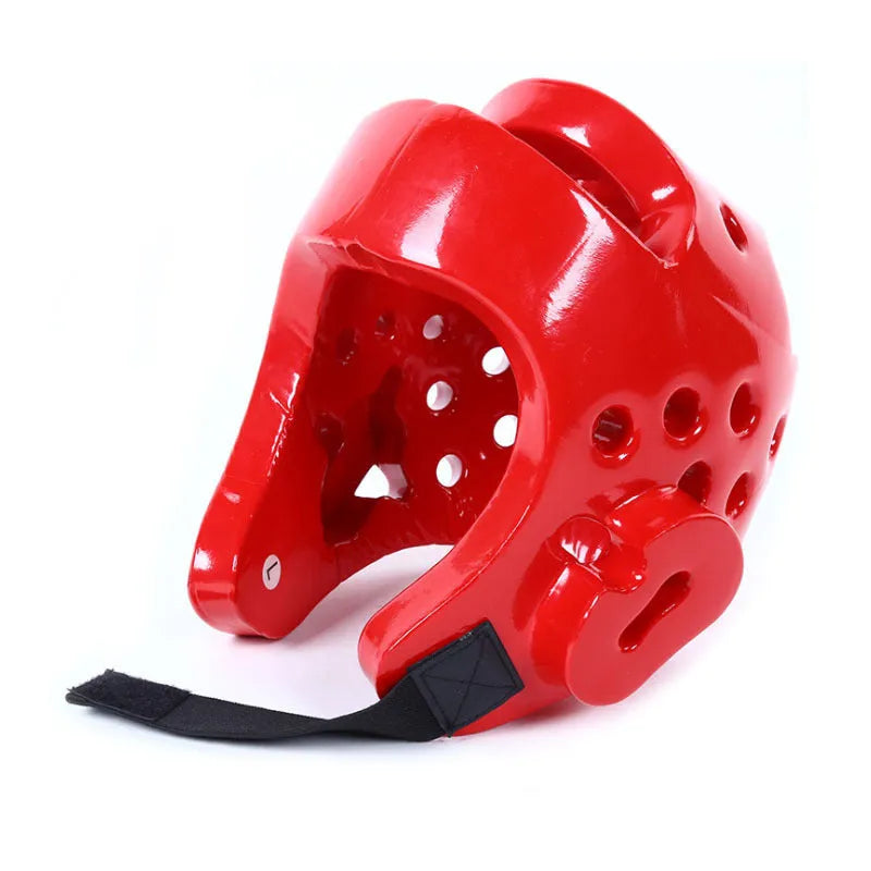 Karate taekwondo protective gear set with leg guards, helmet and boxing gloves in red or blue colours