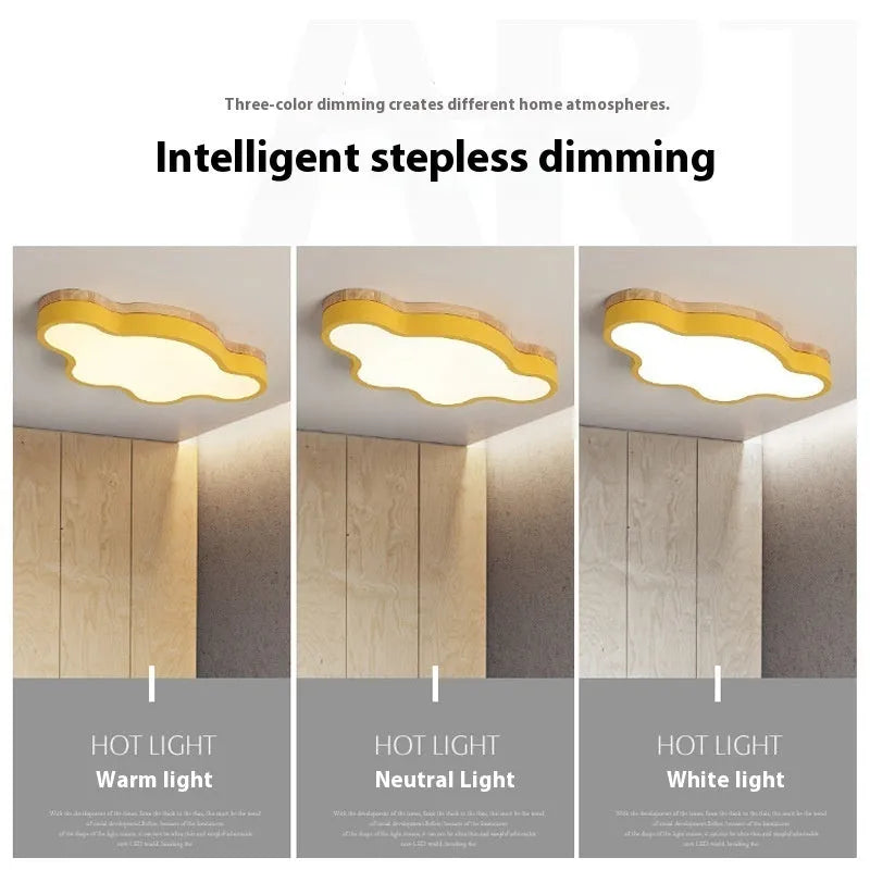 Cloud shaped wooden finish LED ceiling lamp in pink, blue, green or yellow with dimmable lighting