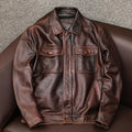 Men's black retro Kaji style PU leather jacket with side seam pockets and loose fit