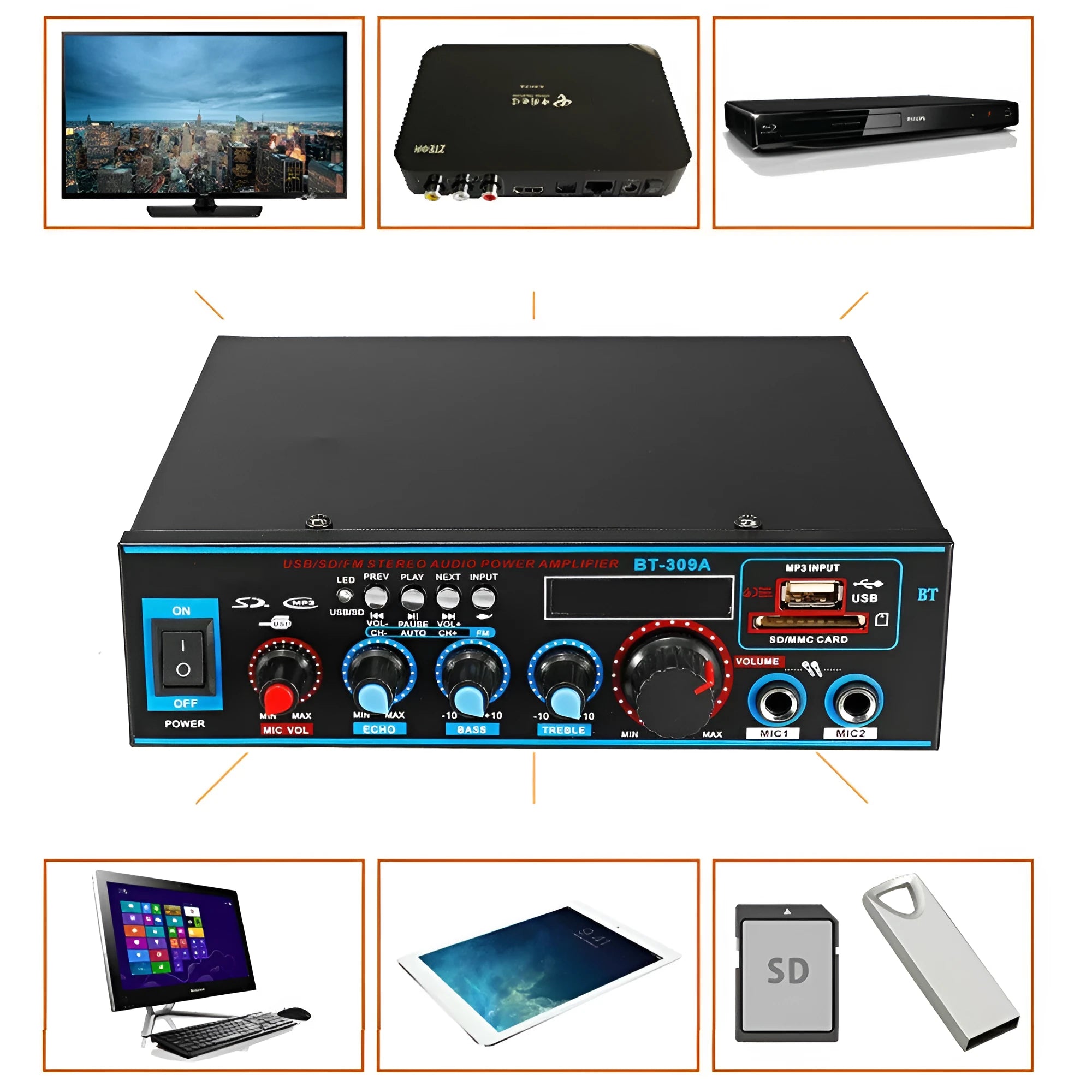 Black BT-309A-A dual-purpose home and car power amplifier with Bluetooth and FM radio.