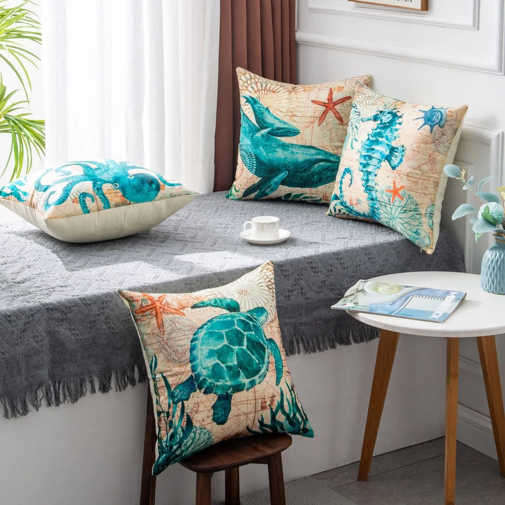 45cm square linen cushion cover with sea turtle pattern and invisible zipper