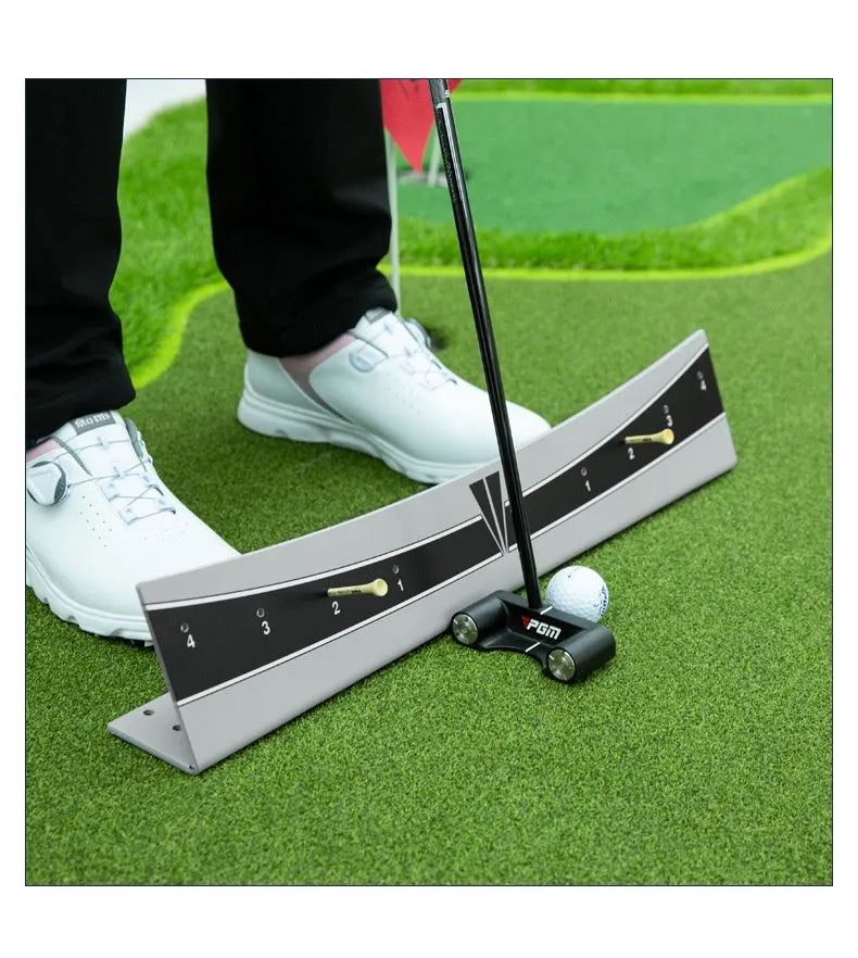 Golf putter trajectory balance simulator with adjustable push rod training aid