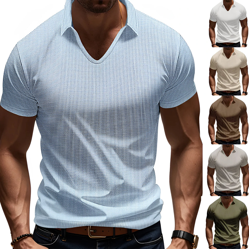 Men's casual V-neck short-sleeve top in loose cotton-blend fabric