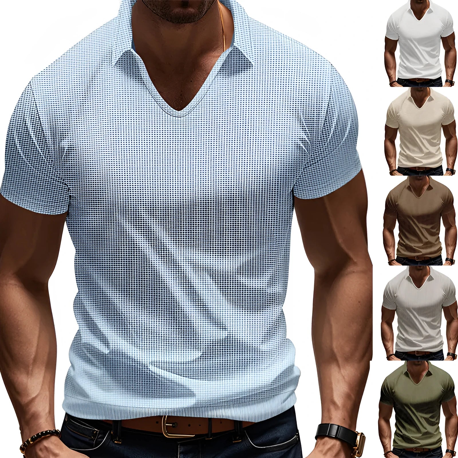Men's casual V-neck short-sleeve top in loose cotton-blend fabric