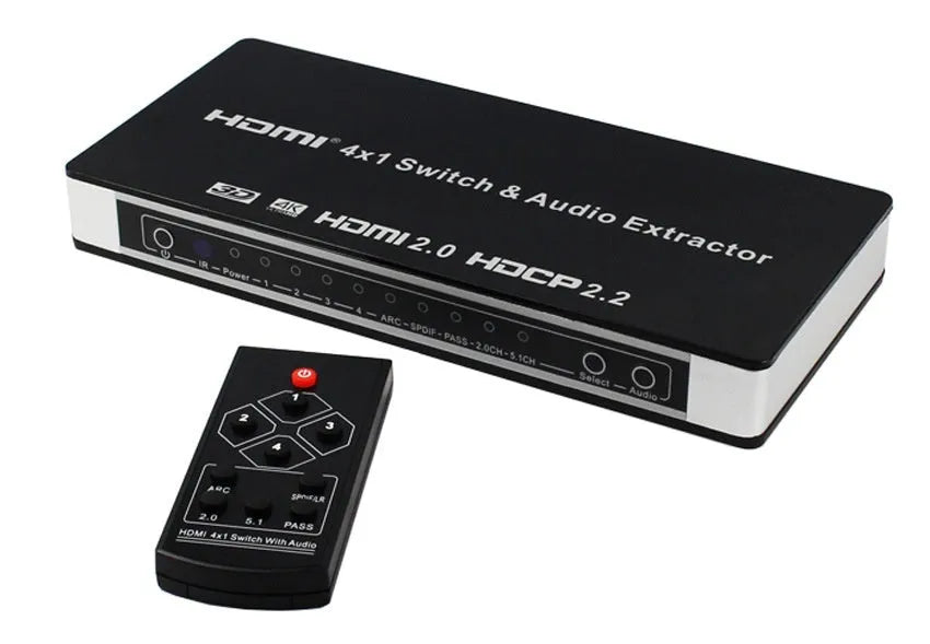 Black HDMI switch with remote control and connection cables for 4-in-1 video switching
