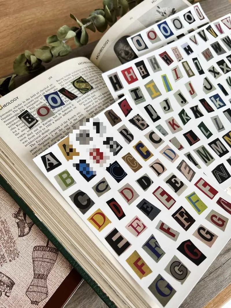 English letters and numbers label sticker sets showing alphabet series A through E with week words in cute style